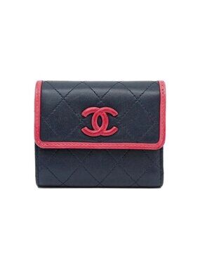 Chanel Trifold Wallet Quilted Bicolor Navy Pink Lambskin